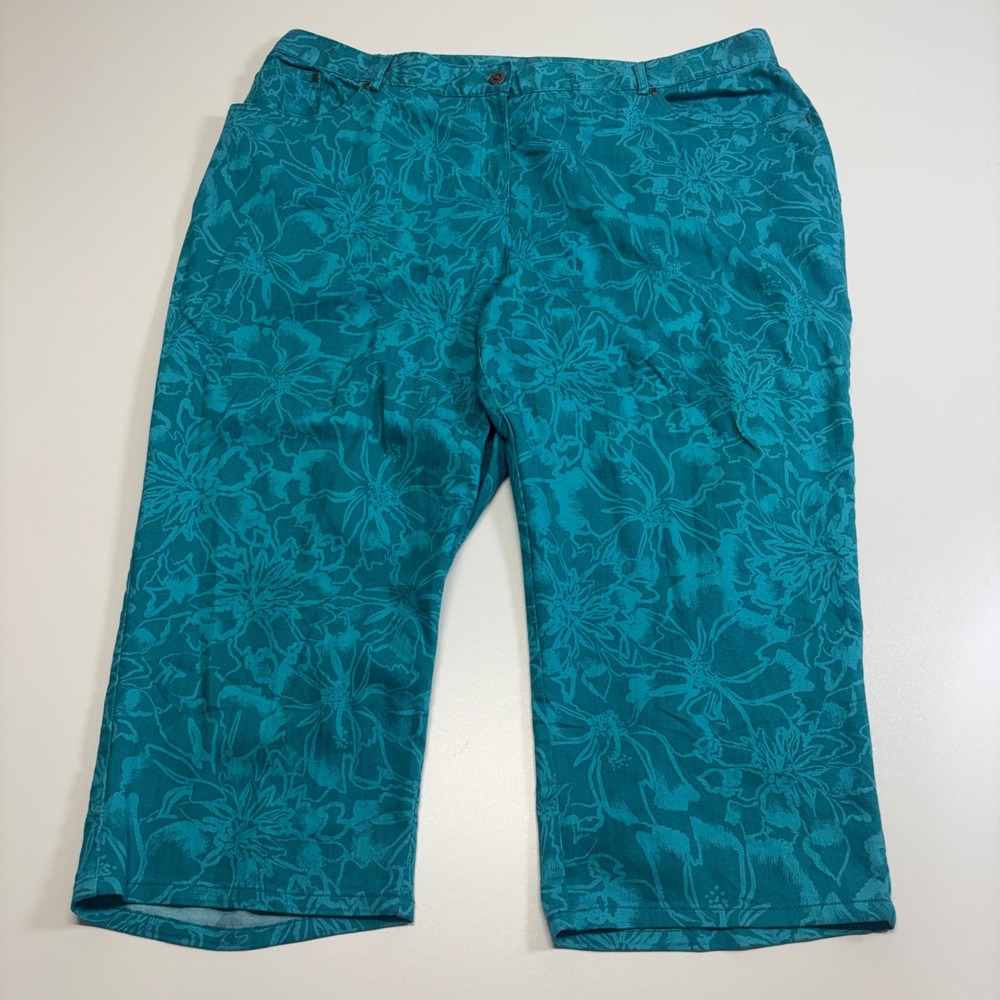 Ruby Rd Woman 24W Teal Floral Capri Pants Stretch Elastic Waist Plus Size